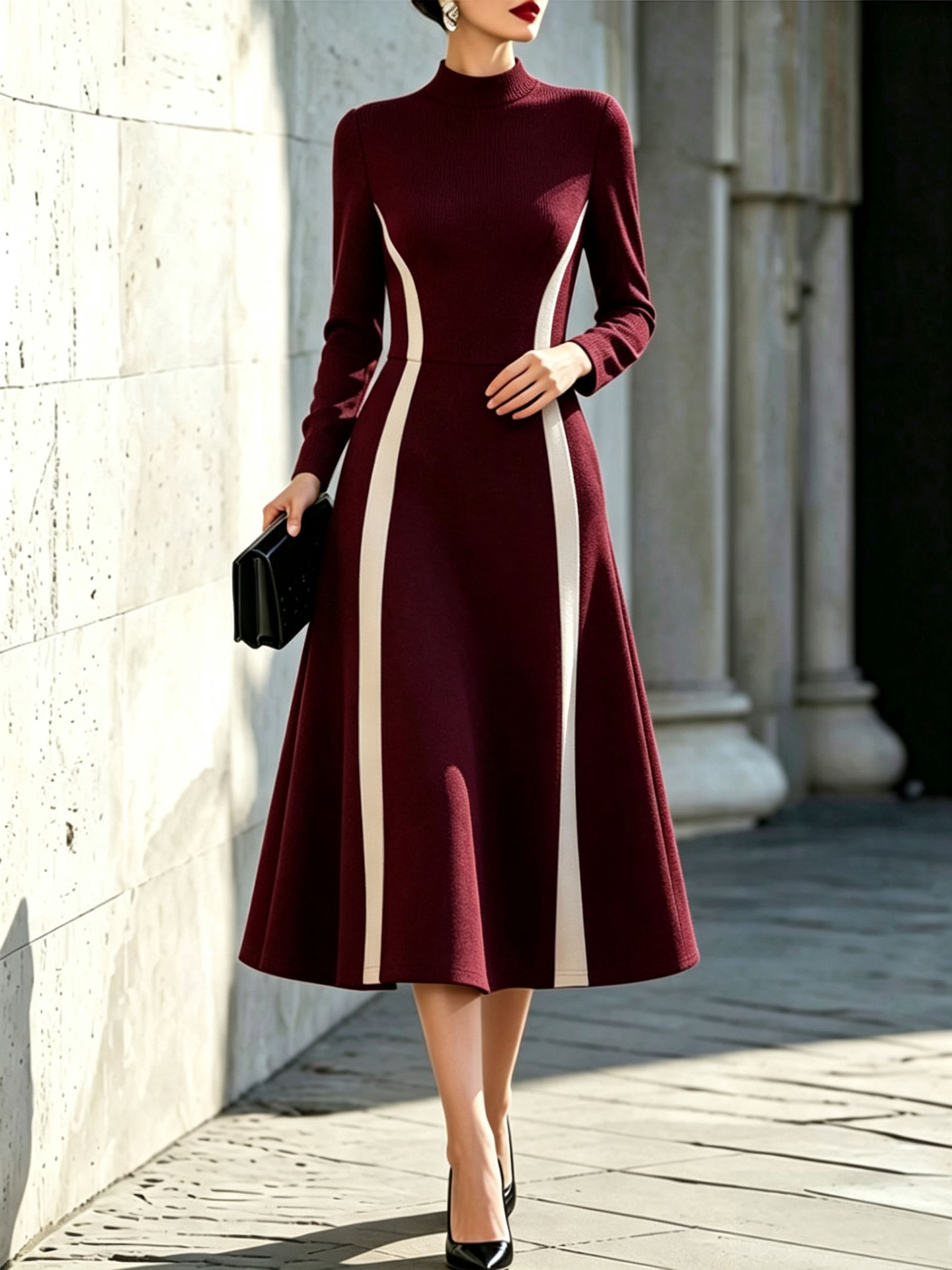 Elegant French-Style Women's Waist-Cinching Midi Dress with Long Sleeves