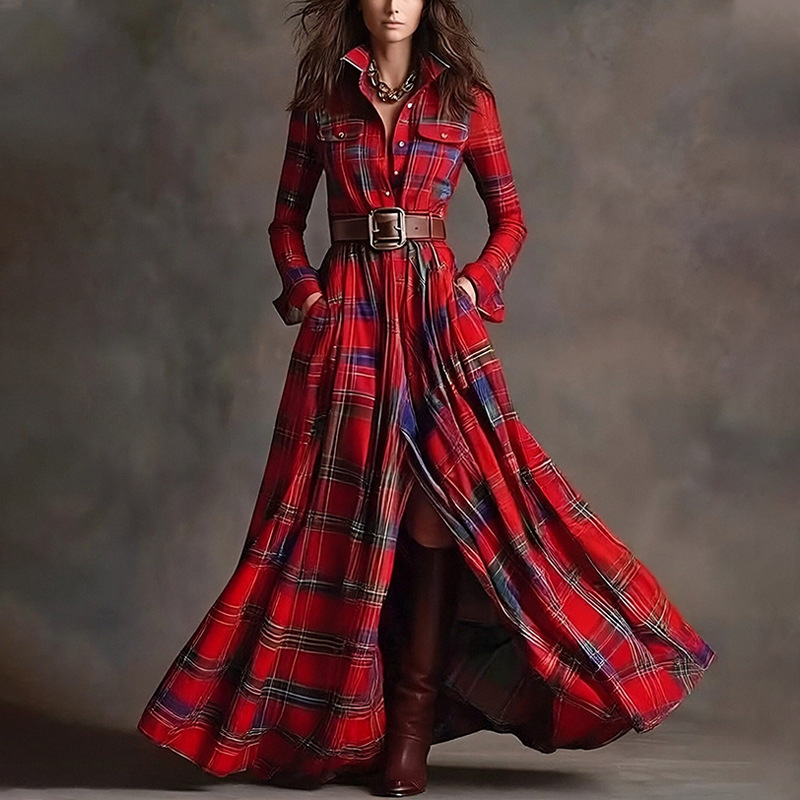 Artistic Retro Plaid Long Dress with Pockets