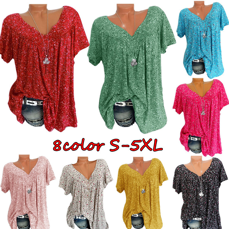 V-Neck Loose Short Sleeve Printed T-Shirt