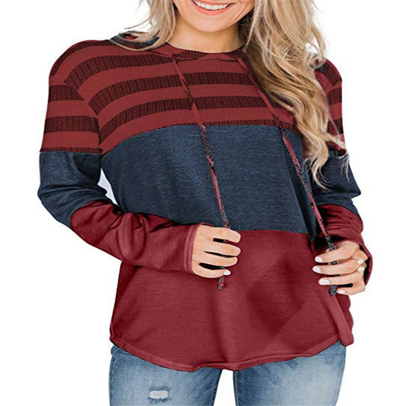 Women's Loose Fit Color Block Hooded Pullover Long Sleeve Sweatshirt