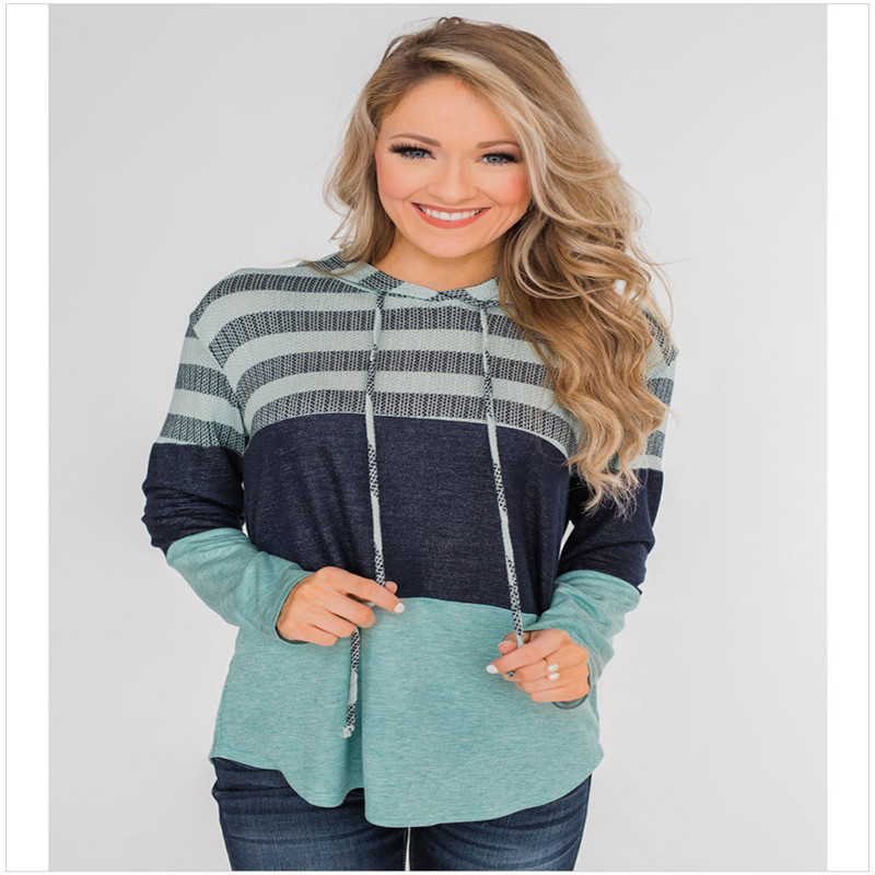 Women's Loose Fit Color Block Hooded Pullover Sweatshirt Long Sleeve