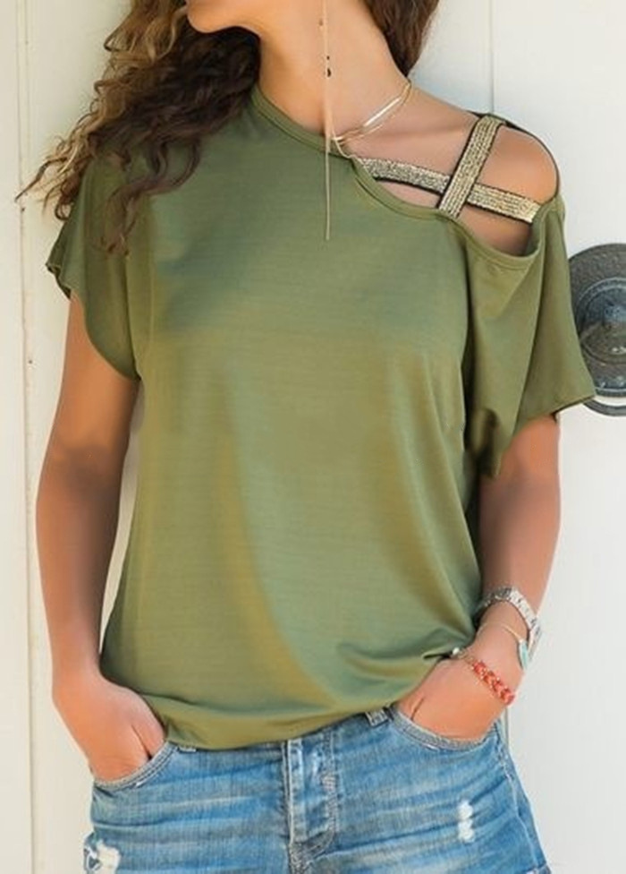 Women's One-Shoulder Sequin Cross Milk Silk Short-Sleeve T-Shirt Casual