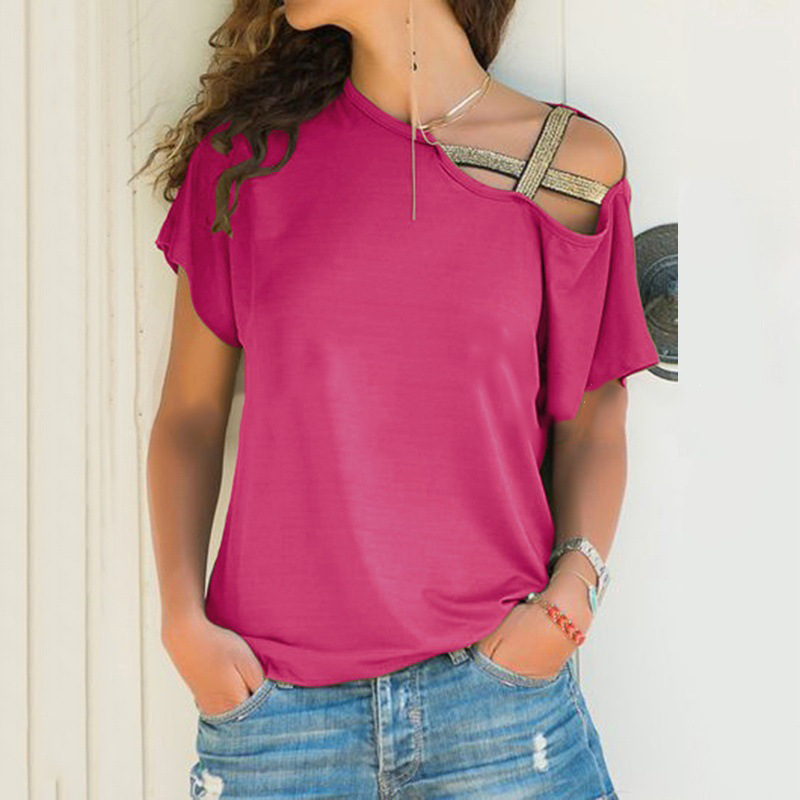 Women's One-Shoulder Sequin Cross Milk Silk Short-Sleeve T-Shirt Casual