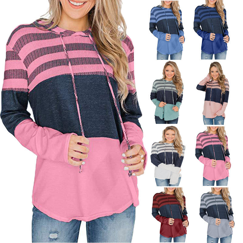 Women's Loose Fit Color Block Hooded Pullover Sweatshirt Long Sleeve