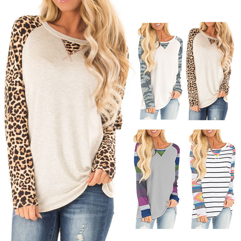 Women's Raglan Sleeve Long Sleeve T-Shirt Print Splice Crew Neck Top