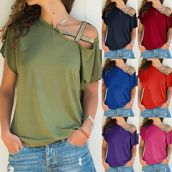Women's One-Shoulder Sequin Cross Milk Silk Short-Sleeve T-Shirt Casual