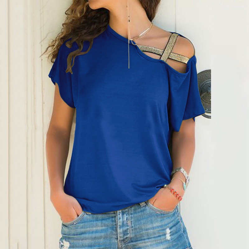 Women's One-Shoulder Sequin Cross Milk Silk Short-Sleeve T-Shirt Casual
