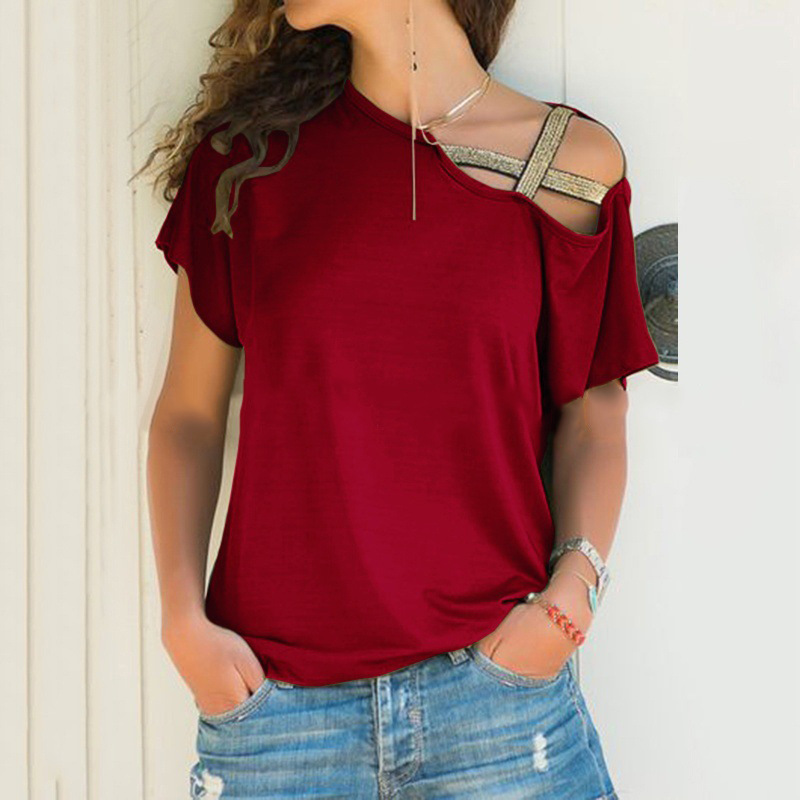 Women's One-Shoulder Sequin Cross Milk Silk Short-Sleeve T-Shirt Casual