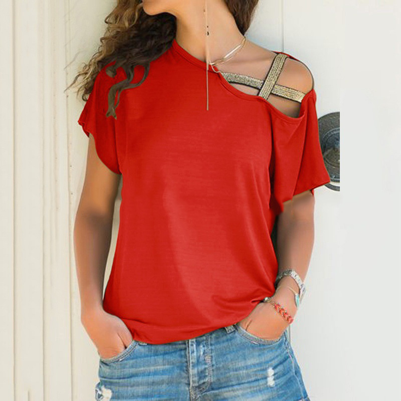 Women's One-Shoulder Sequin Cross Milk Silk Short-Sleeve T-Shirt Casual