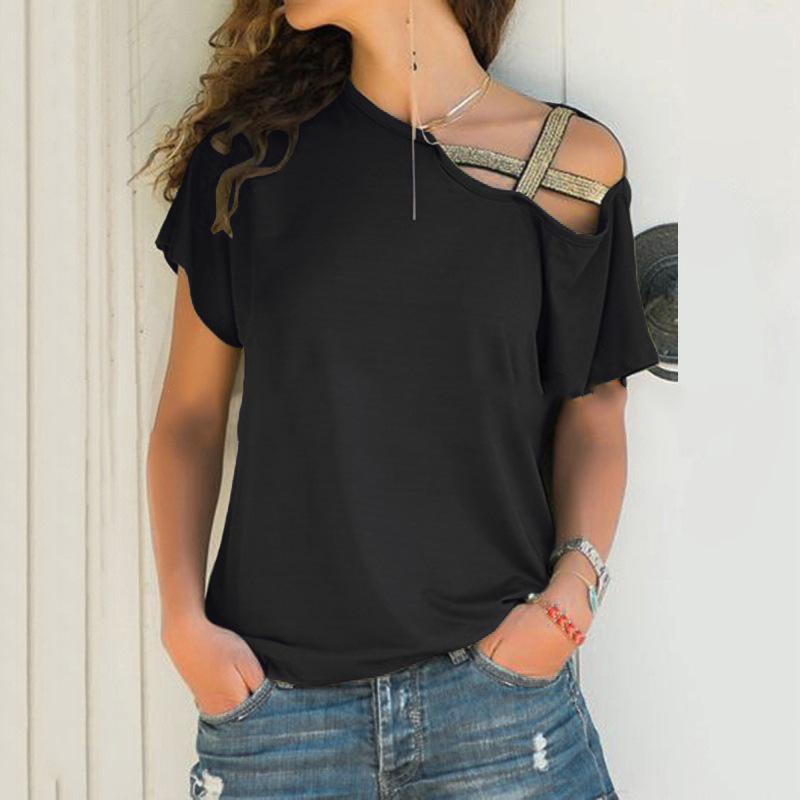 Women's One-Shoulder Sequin Cross Milk Silk Short-Sleeve T-Shirt Casual