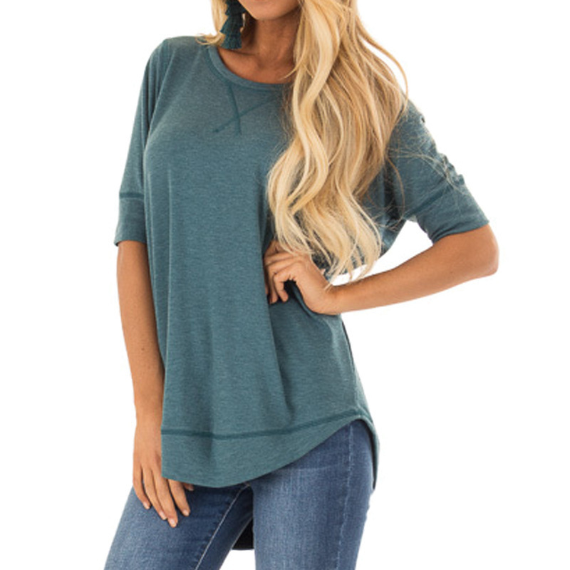 Women's Short Sleeve T-Shirt Solid Crew Neck High-Low Hem Top