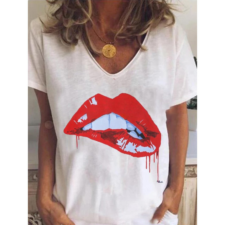 Women's Casual V-Neck Lip Print Short Sleeve T-Shirt