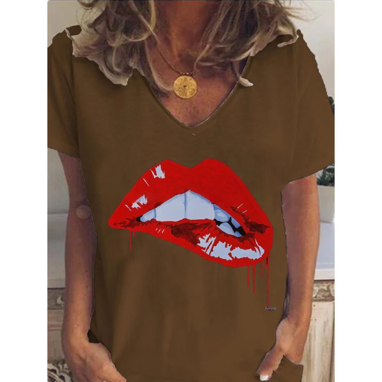Women's Casual V-Neck Lip Print Short Sleeve T-Shirt