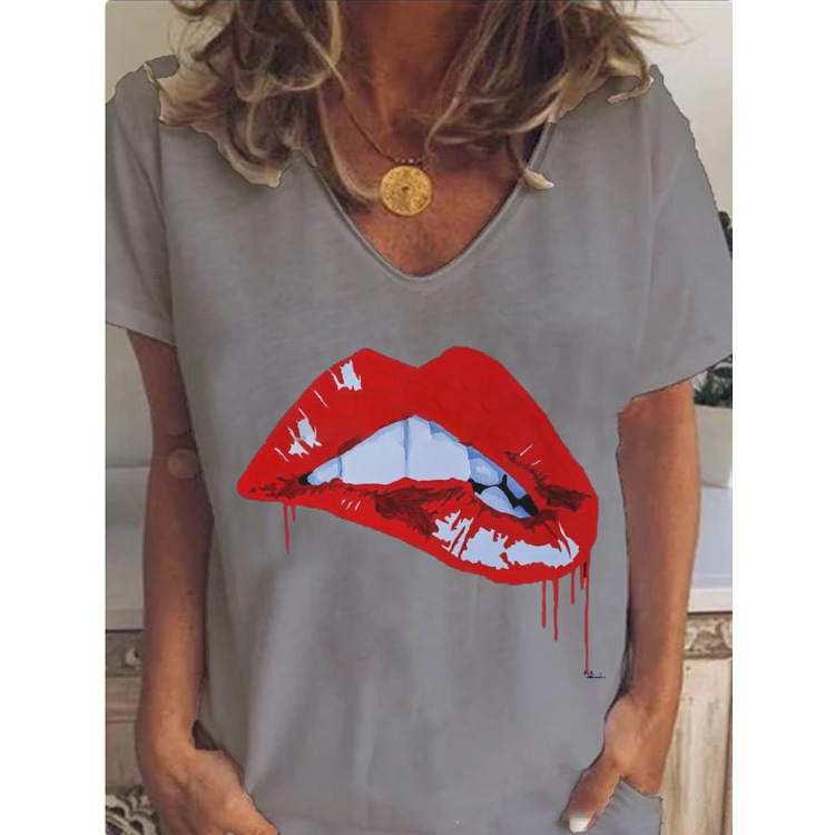 Women's Casual V-Neck Lip Print Short Sleeve T-Shirt