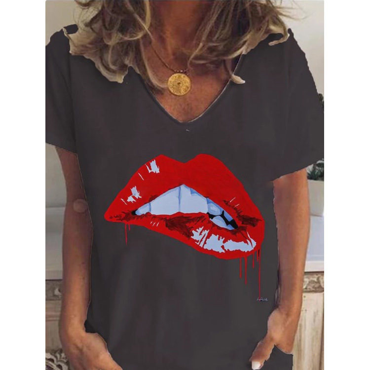 Women's Casual V-Neck Lip Print Short Sleeve T-Shirt
