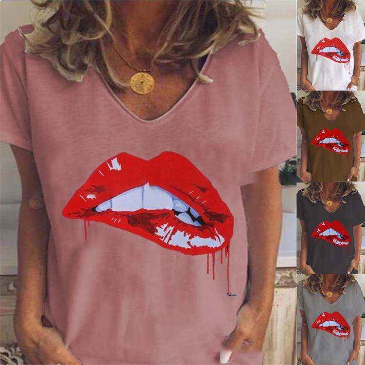 Women's Casual V-Neck Lip Print Short Sleeve T-Shirt