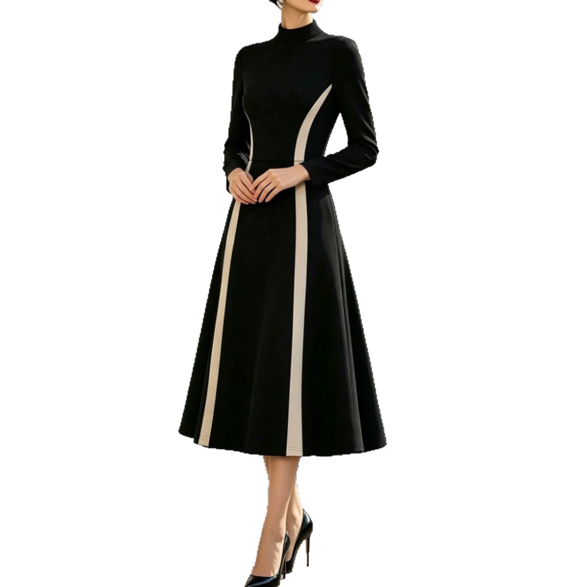 Elegant French-Style Women's Waist-Cinching Midi Dress with Long Sleeves