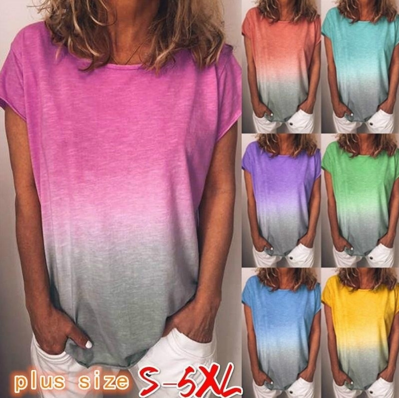Rainbow Gradient Print Crewneck Short Sleeve Loose T-Shirt