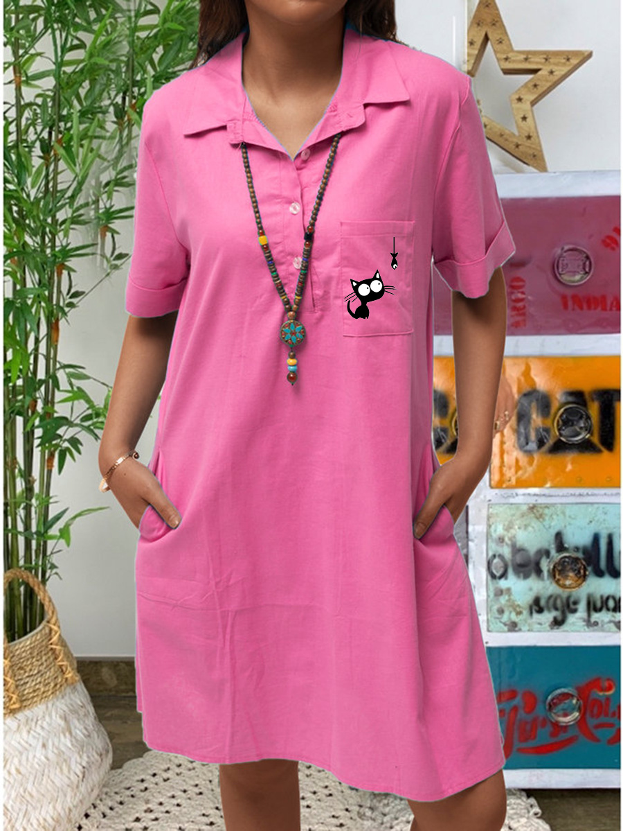 Cotton-Linen Cat Watching Fish Print Short-Sleeve Pocket Casual Dress