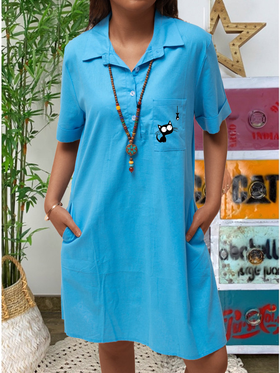 Cotton-Linen Cat Watching Fish Print Short-Sleeve Pocket Casual Dress