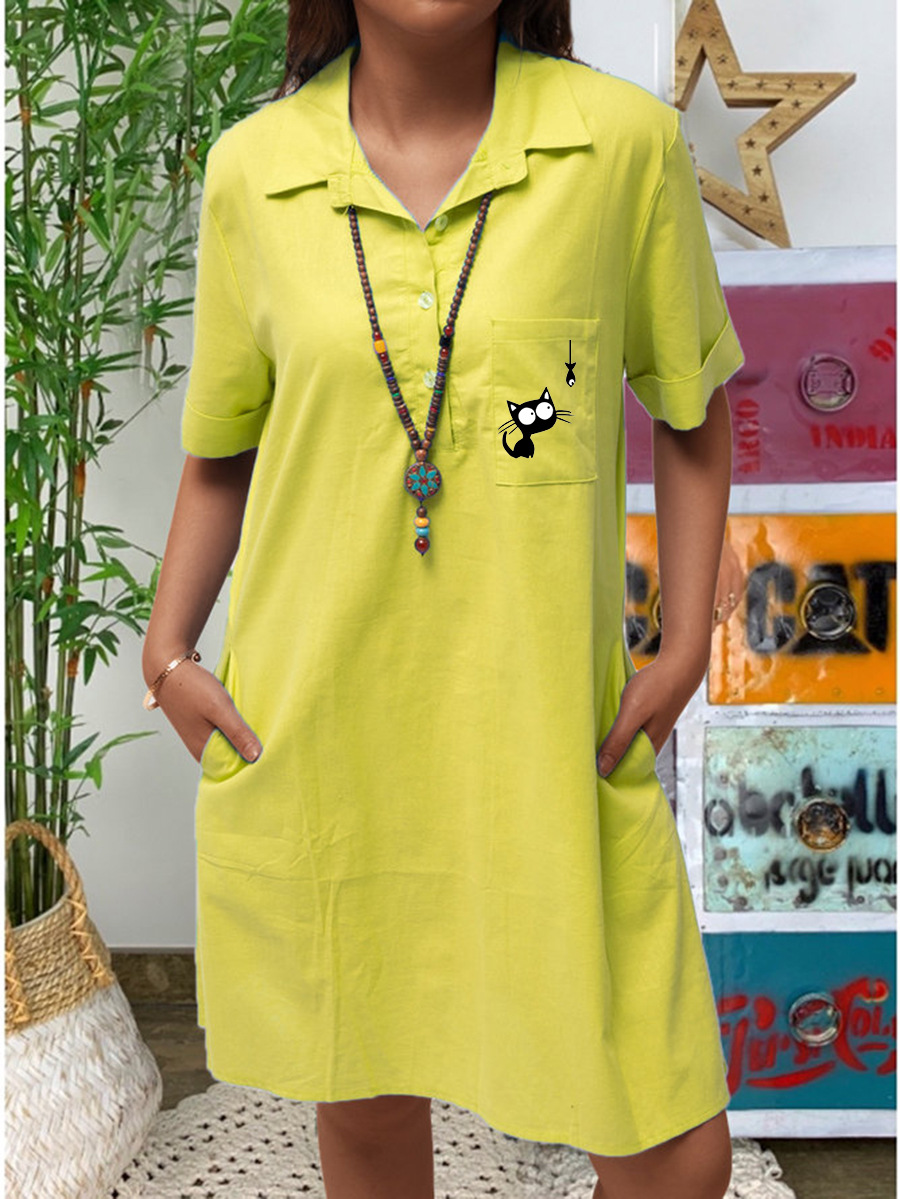Cotton-Linen Cat Watching Fish Print Short-Sleeve Pocket Casual Dress