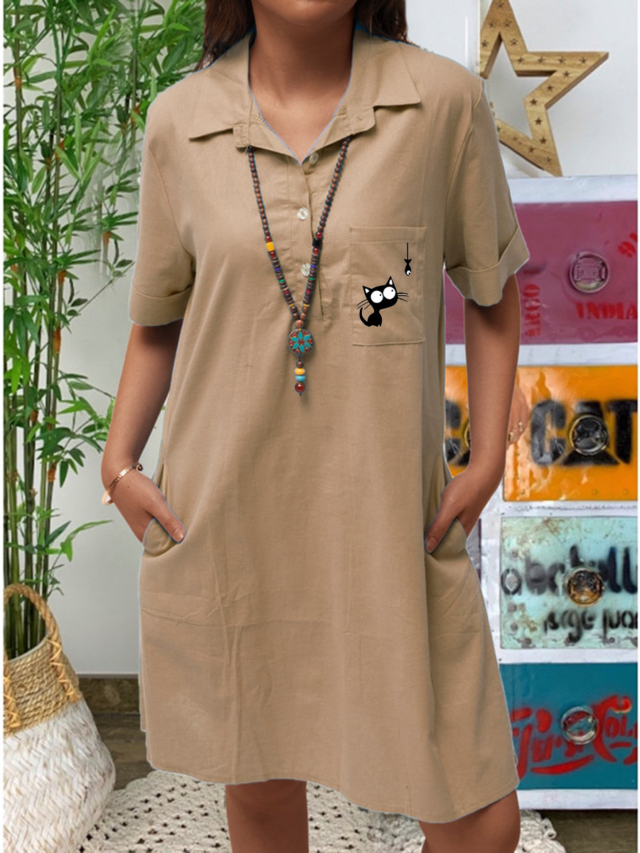 Cotton-Linen Cat Watching Fish Print Short-Sleeve Pocket Casual Dress