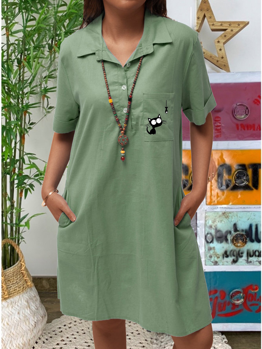 Cotton-Linen Cat Watching Fish Print Short-Sleeve Pocket Casual Dress