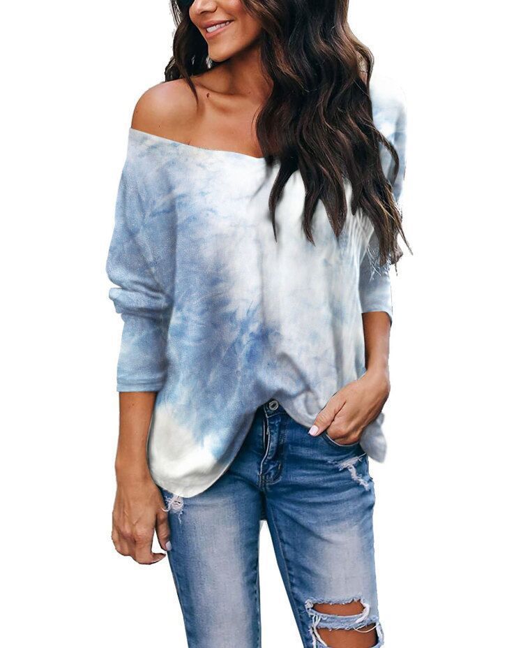 Tie-Dye Long-Sleeve V-Neck Loose Casual Top