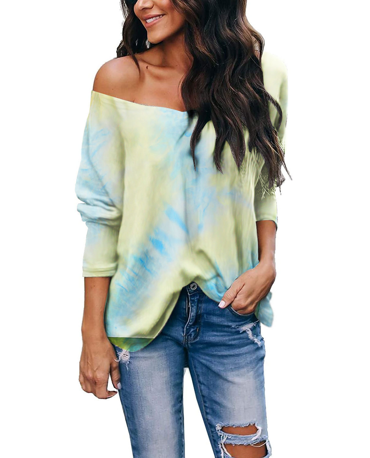 Tie-Dye Long-Sleeve V-Neck Loose Casual Top