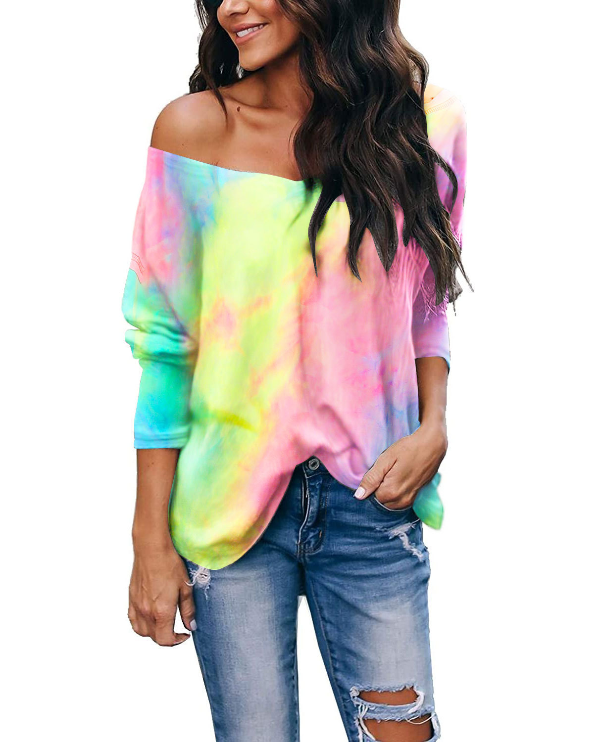 Tie-Dye Long-Sleeve V-Neck Loose Casual Top