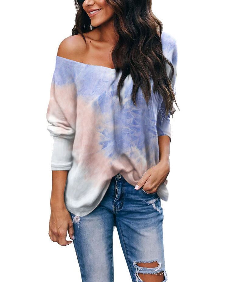 Tie-Dye Long-Sleeve V-Neck Loose Casual Top