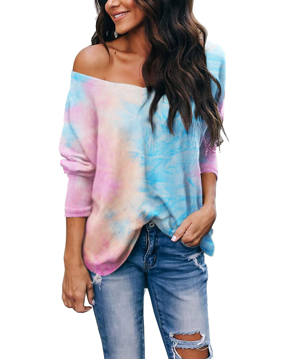 Tie-Dye Long-Sleeve V-Neck Loose Casual Top