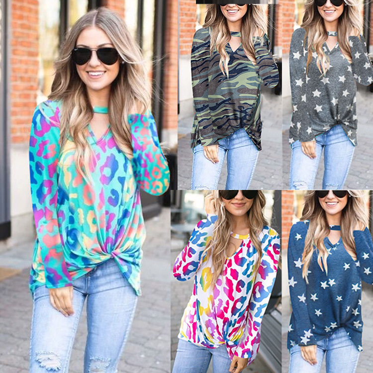 Women's Slim Fit Leopard Camo Star Print Long Sleeve Top