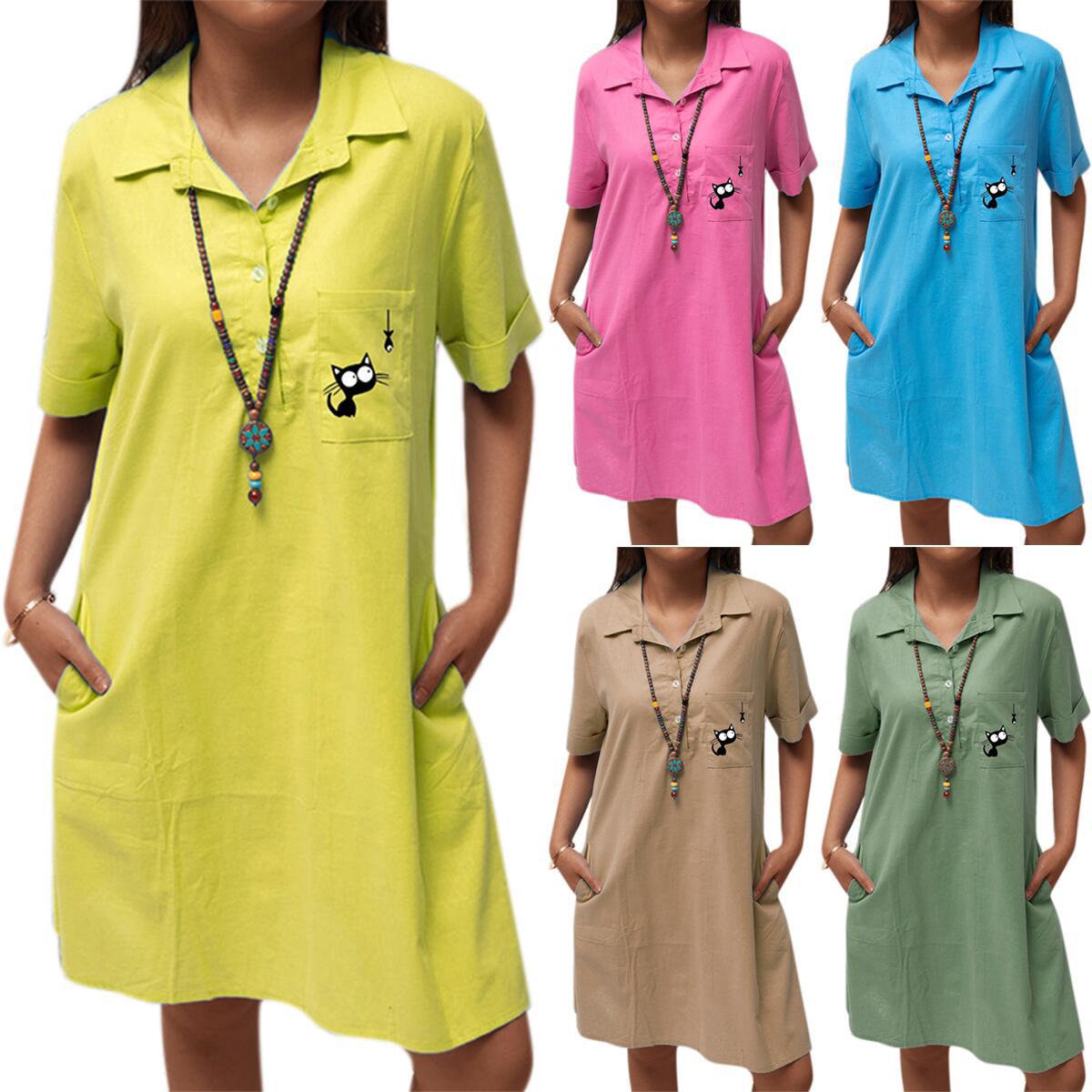 Cotton-Linen Cat Watching Fish Print Short-Sleeve Pocket Casual Dress