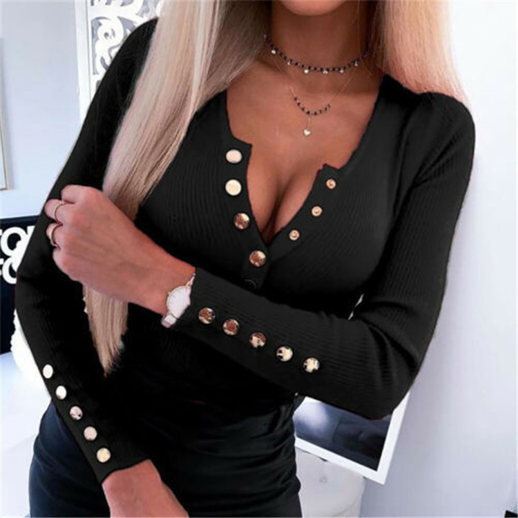 Women's Solid Color Open Neck Long Sleeve Button Top