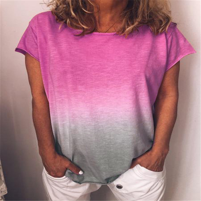 Rainbow Gradient Print Crewneck Short Sleeve Loose T-Shirt