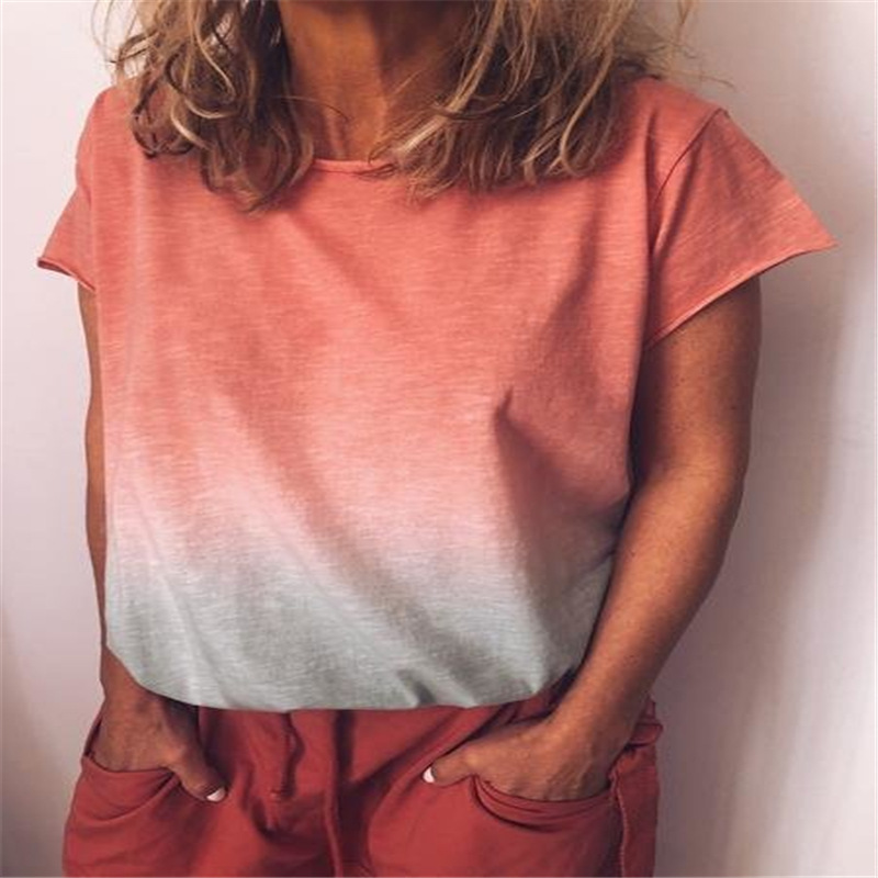 Rainbow Gradient Print Crewneck Short Sleeve Loose T-Shirt