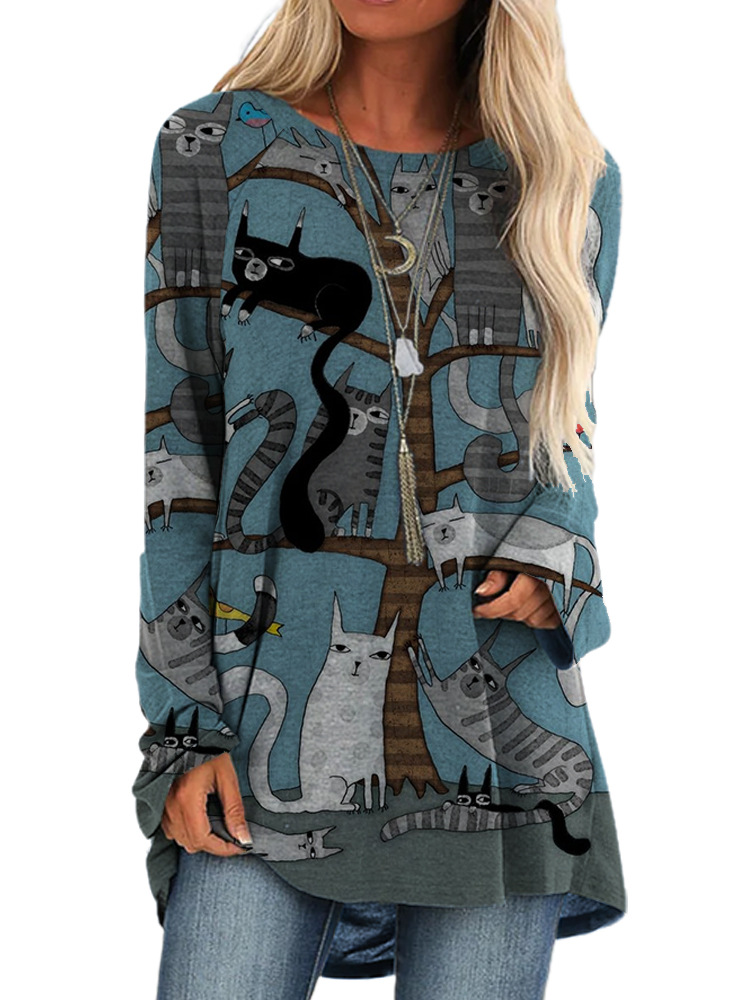 Women's Loose Digital Print Long-Sleeve Top
