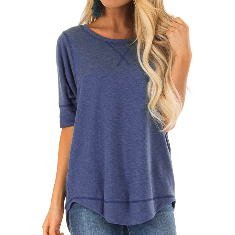 Women's Short Sleeve T-Shirt Solid Crew Neck High-Low Hem Top
