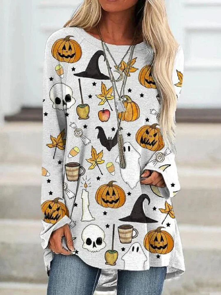 Women's Loose Crewneck Digital Print Long Sleeve Top