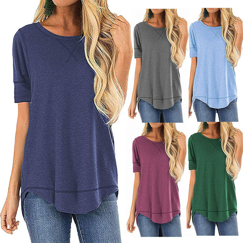 Women's Short Sleeve T-Shirt Solid Crew Neck High-Low Hem Top