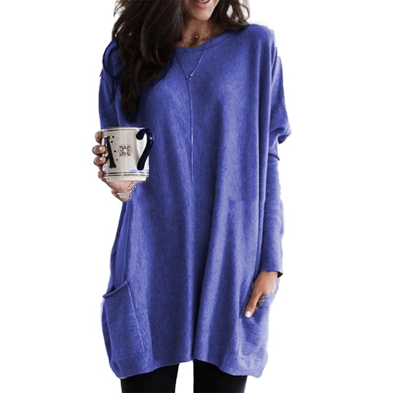 Women's Long Sleeve Pocket T-Shirt Casual Loose Fit Solid Color