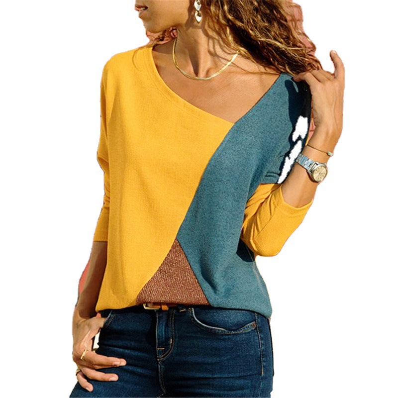Colorblock Crewneck Long Sleeve Casual T-Shirt Women's Top
