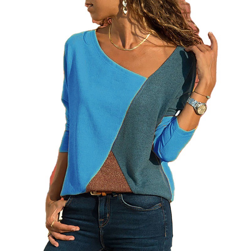 Colorblock Crewneck Long Sleeve Casual T-Shirt Women's Top