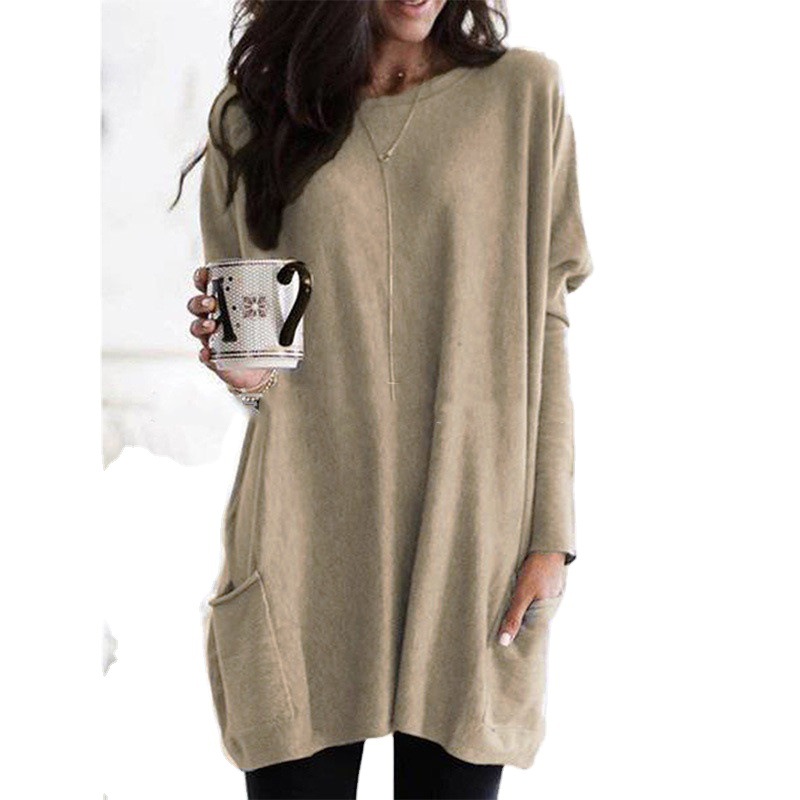 Women's Long Sleeve Pocket T-Shirt Casual Loose Fit Solid Color