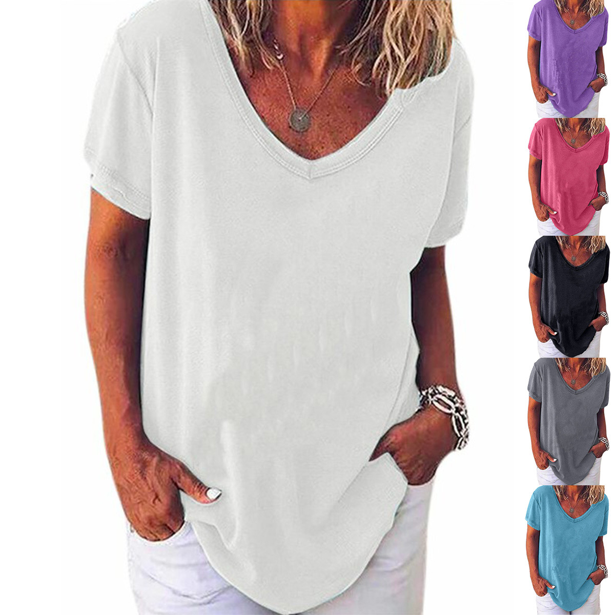 Women's Summer Short Sleeve V-Neck Solid Color Plus Size T-Shirt