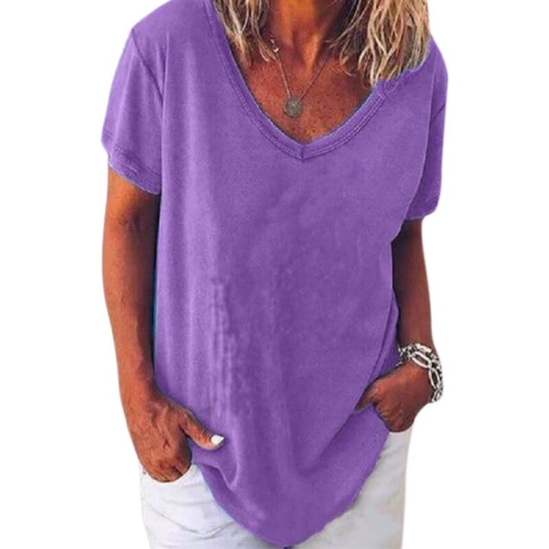 Women's Summer Short Sleeve V-Neck Solid Color Plus Size T-Shirt