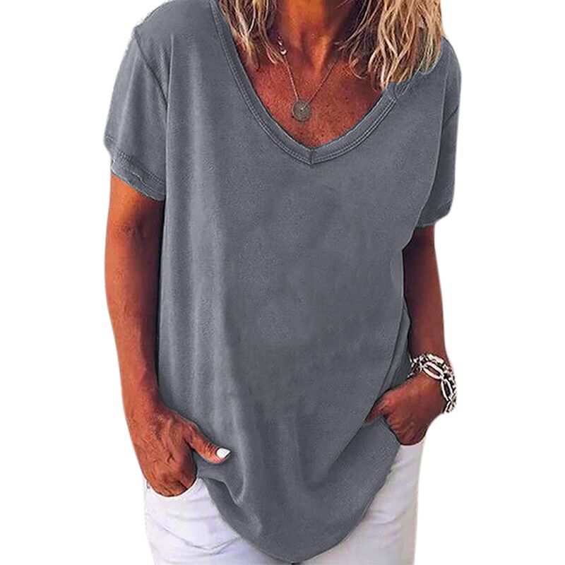 Women's Summer Short Sleeve V-Neck Solid Color Plus Size T-Shirt