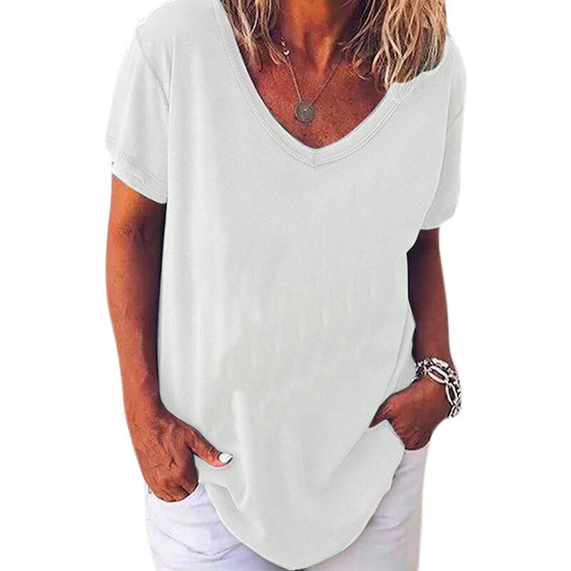 Women's Summer Short Sleeve V-Neck Solid Color Plus Size T-Shirt