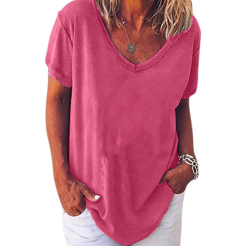 Women's Summer Short Sleeve V-Neck Solid Color Plus Size T-Shirt